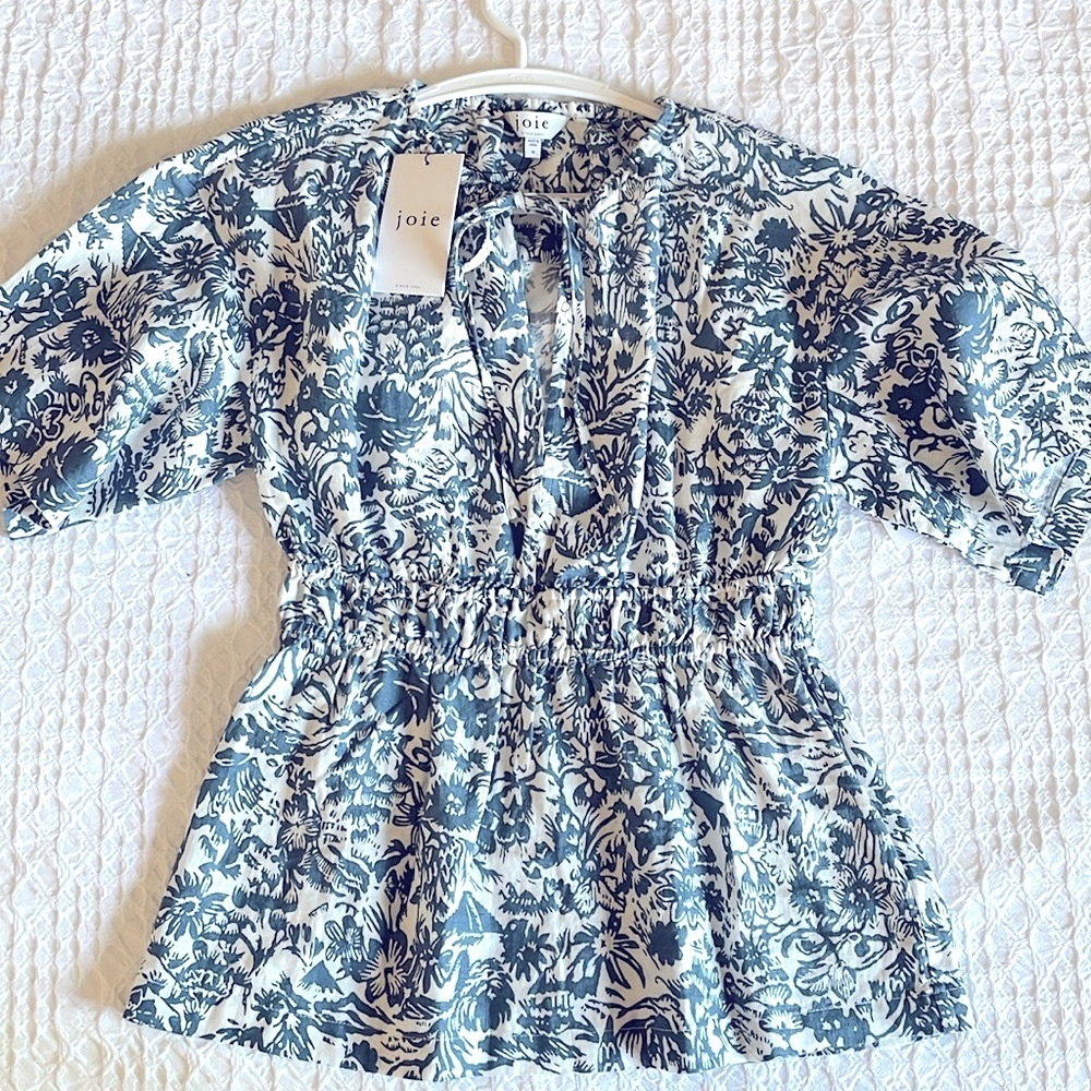Joie Renae B Blue 100% Linen Floral Top Med NWT